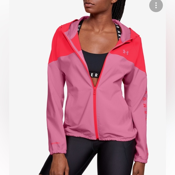 Under Armour Jacket Windbreaker Small Pink Orange Zip Up Loose Fit Hooded Pit to - Picture 2 of 13